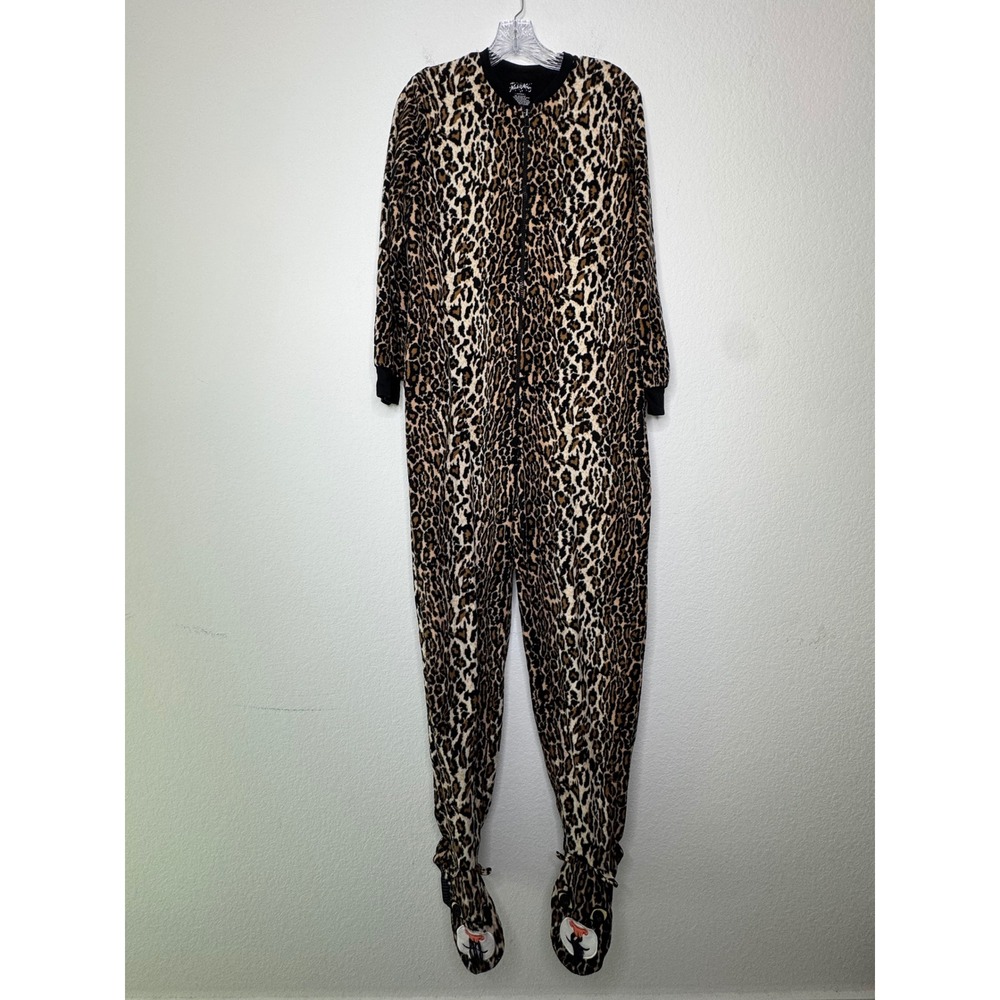 Nick & Nora Womens Leopard Print Fleece Footed Pajamas Size S One Piece Footies